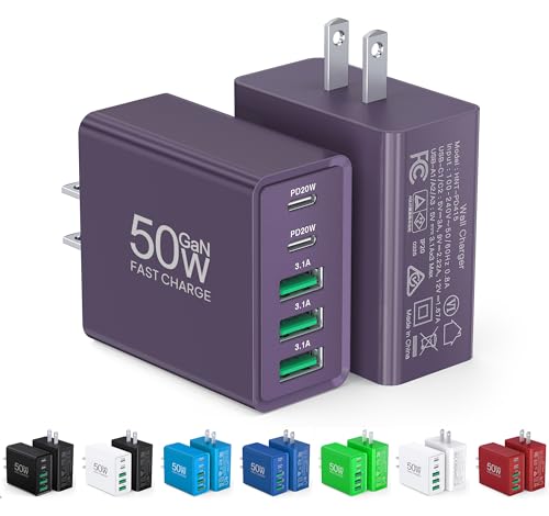 [2-Pack] USB C Wall Charger, 50W Charger Block 5-Port PD Fast Charging Blocks,Multiport 2USB C+3USB A Plug,Type C Power Adapter Brick Cube for iPhone 17/16/15/14/13/Pro,Samsung,for Switch（Purple） - color: Purple