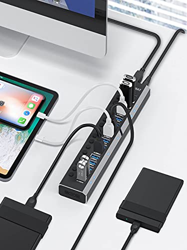 Powered USB Hub Rosonway 16 Ports 96W USB 3.0 Data Hub Aluminum USB Hub 3.0 Splitter with 12V/8A Power Adapter and Individual On/Off Switches RSH-A16 (Black) - size: 16 Ports USB 3.0 hub