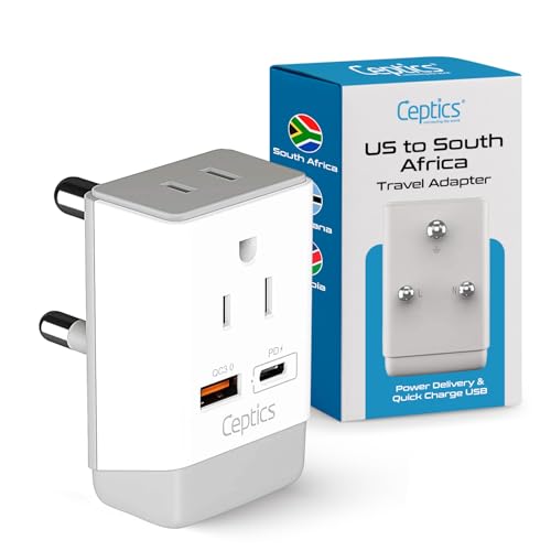 Ceptics South Africa Power Plug Adapter Travel QC 3.0 & PD, Safe Dual USB & USB-C - 2 USA Socket Compact & Powerful - Use in S. Africa Botswana - Type M AP-10L - Fast Charging - color: Paper White
