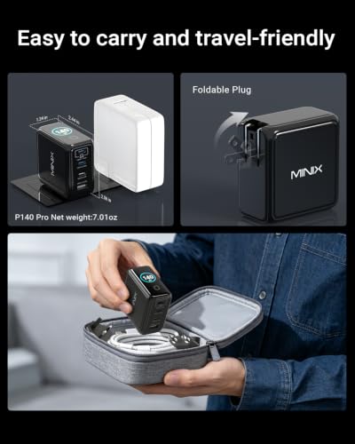 MINIX 140W Max 4-Port GaN Charging Blocks,Smart Display for MacBook Charger | PD 3.1 USB C Travel Power Adapter with 240W Cable, Touch Control for Laptop, iPad, iPhone 17, Galaxy S25/24 (US/EU/UK Plugs)
