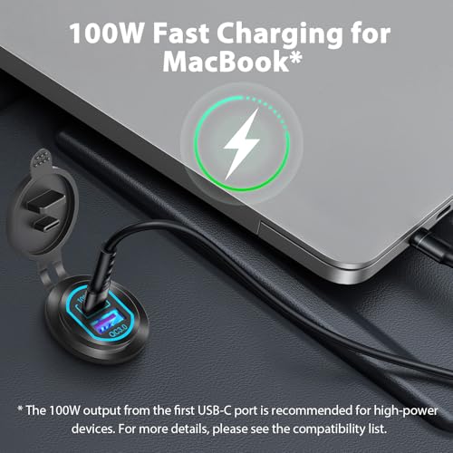 2 Pack 12V USB C Outlet PD 100W Car USB Port for Laptop and QC3.0 18W Car Charger Socket Aluminum Alloy, Fast Charging Cigarette Lighter Replacement DIY Accessary for RV MarineTruck Boat Golf