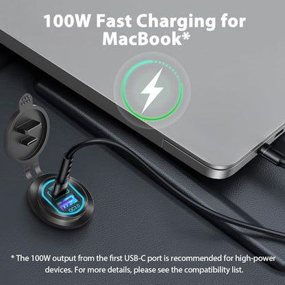 2 Pack 12V USB C Outlet PD 100W Car USB Port for Laptop and QC3.0 18W Car Charger Socket Aluminum Alloy, Fast Charging Cigarette Lighter Replacement DIY Accessary for RV MarineTruck Boat Golf