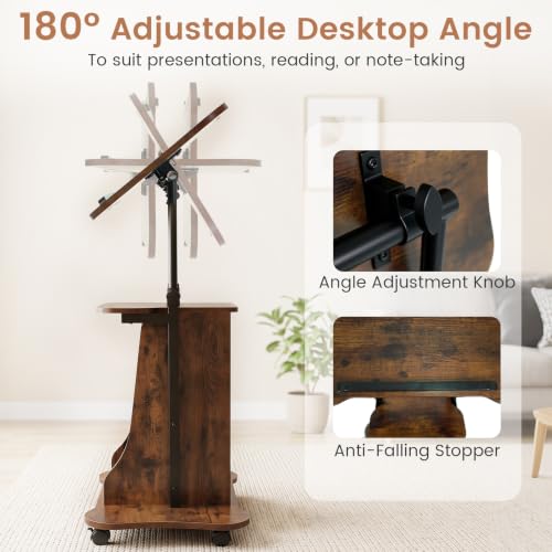 Giantex Mobile Podium Stand, Height Adjustable Laptop Computer Cart w/Tilting Top, Storage Cabinet & Lockable Wheels, Church Classroom Lecture, Sit-to-Stand Desk for Home Office (Rustic Brown,1) - color: Rustic Brown