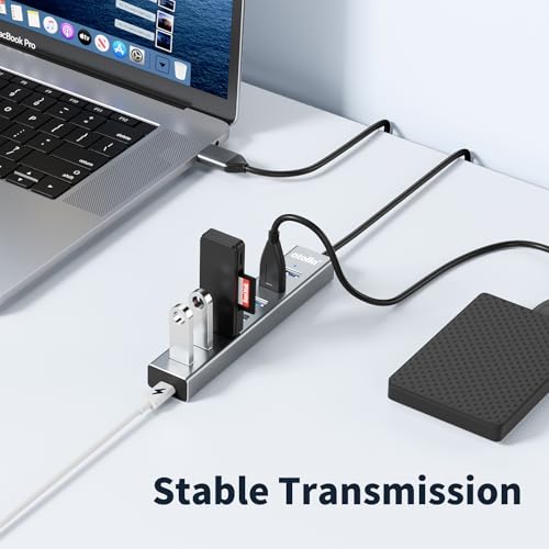 atolla Aluminum 7-Port USB 3.0 Hub with 1m Extension Cable - 5Gbps High-Speed Data Transfer for MacBook Pro, Laptop, PC, Gaming Setup-Gray - color: Gray