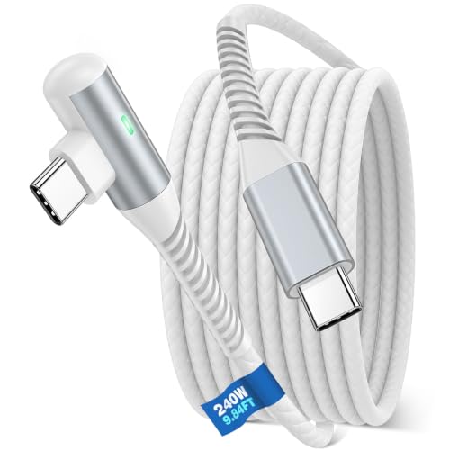 iMangoo USB C Cable 240W Fast Charging 10ft Long Braided-Durable Cord White | 90 Degree Right Angle Type C Charger Data Wire for CarPlay Car for Samsung Galaxy S26 Ultra for iPhone 17 16 15 Pro Max