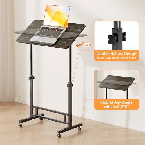 Furist Small Standing Desk Adjustable Height 32 Inch Mobile Sit Stand up Desk Portable Rolling with Wheels Standing for Walking pad Treadmill Black - color: Black Wood Grain