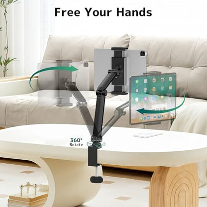 Tablet Stand Holder with 360° Rotation,Adjustable Arm Clamp for 4.7”-12.9" | Supports 2.2 lbs,Portable Phone Tablet Holder for ipad,iPad, iPhone, Kindle, Black,Flexible Angle for Work or Media