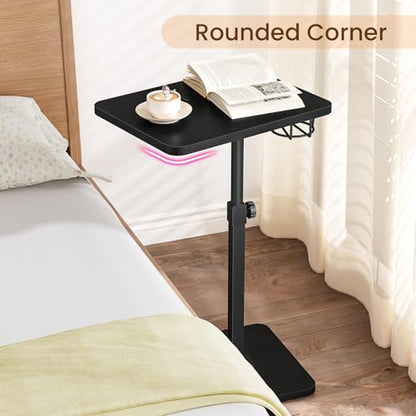 Giikin Side Table, 360 Swivel & Height Adjustable TV Trays for Eating on Couch, Sofa Armrest TV Tray Table with Cup Holder for Small Spaces, C-Shaped, Black, 11.8" D x 15.8" W x 31" H - color: Black
