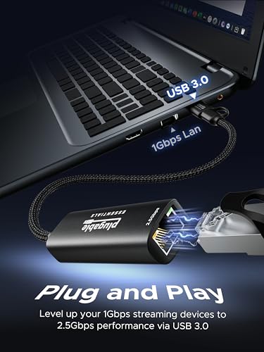 Plugable 2.5Gbps USB C to Ethernet Adapter, 2-in-1 USB-A & USB-C Ethernet Adapter for laptop |Aluminum, Braided, 2.5Gbps High Speed| Compatible for Thunderbolt 4/3, MacBook Air/Pro, iPad, Windows, XPS