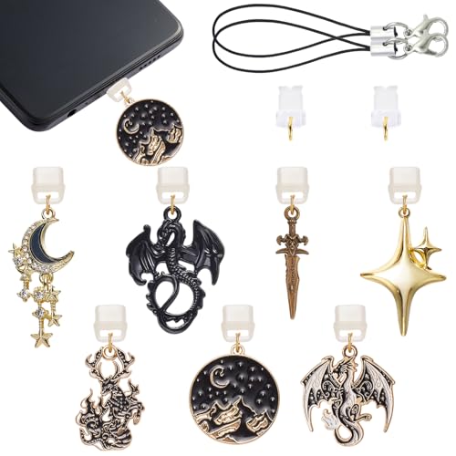 7-15Pcs Dust Plug Charm Type C USB C Dust Plug with Alloy and Resin Pendants for Phone Reader Accessory Gifts - color: Wyvern Dragon Star and Moon