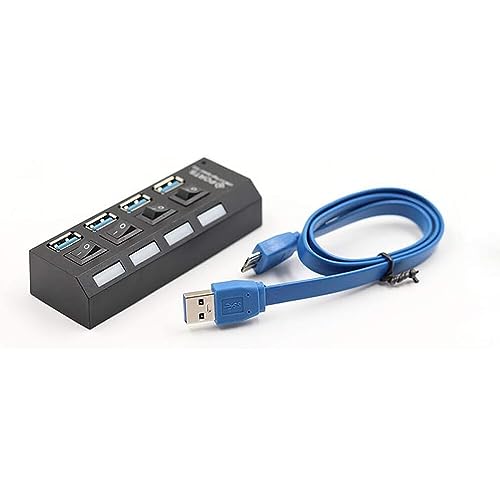 4-Port USB 3.0 Hub, Data USB Hub, 22 inch Extended Cable for MacBook, Mac Pro, Mac mini, iMac, Surface Pro, XPS, PC, Flash Drive, Mobile HDD with Individual LED Power Switches Black