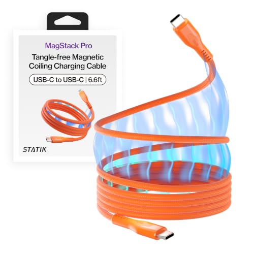 Statik MagStack Pro USB C to USB C Coiling Magnetic Charging Cable,100W | Nylon Braided Tangle-Free Design, Magnetic Coiling, Data Transfer, Compatible with iPhone & Android, 6FT Orange - color: Orange, size: 6ft, style: USB-C to USB-C