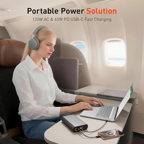 Laptop Power Bank with 120W AC Outlet, 98Wh/27000mAh Portable Charger 65W PD USB C Fast Charging Laptop Battery Bank for iPhone Series, MacBook, Dell, Samsung and More