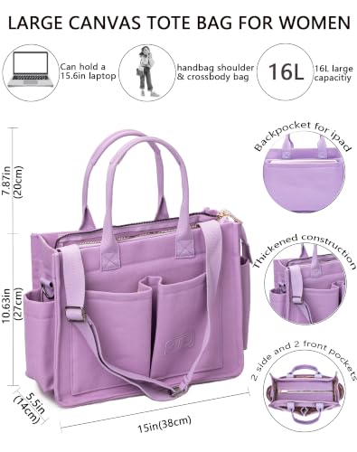 Canvas Tote Bag for Women,Women's Bags Crossbody Bags Work Laptop Tote Bag Large Handbags Purse for Travel Nurse Teacher - color: New Upgrade Plus Purple With Compartments and Inner Cup Holders