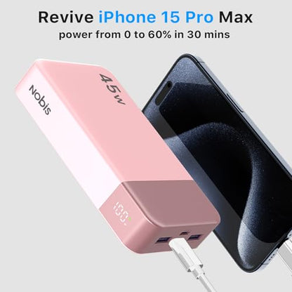 NOBIS Portable Charger 45W 20000mAh Power Bank Fast Charging | 2C+2A Battery Pack with C to C Cable, Battery Bank with Digital Display for iPhone Android Laptop etc - color: Pink