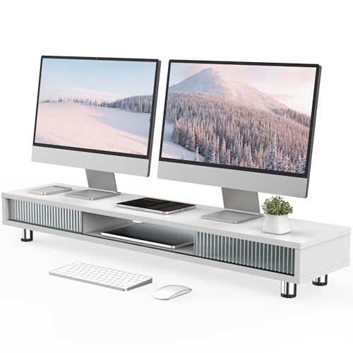 Fenge Dual Monitor Stand with Storage, Desk Shelf with Glass Sliding Door | Ergonomic Height Adjustment, 42.5in Monitor Shelf, 2-Tier Monitor Riser, Desk Organizer for Screen, PC, Laptop, White - color: White