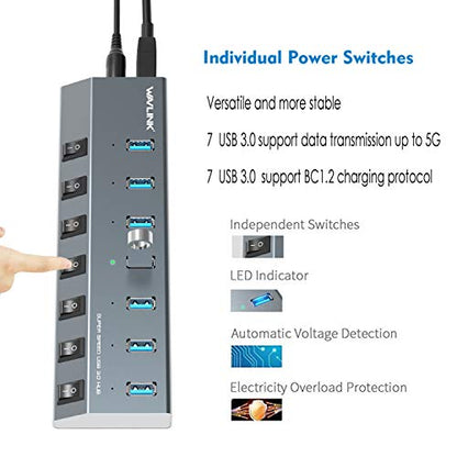 USB Hub 3.0, WAVLINK 7 Port Powered USB 3.0 hub 48W Charging, 5V/2.4A Each Ports with Individual Switches LED Indicator, USB Extension for Laptop, MacBook, iMac, PC, USB Flash Drives
