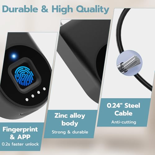 Fingerprint Cable Lock, Fridge Locks with Fingerprint Bluetooth APP Control, Smart Biometric Waterproof Child-Proof Refrigerator Lock for Kids & Adults Fridge French Door Cabinet Gate - color: Black