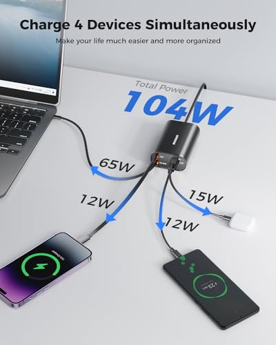 SUPERONE Retractable Charger, 104W GaN Desktop Charger, PD 65W for Laptop | 4 in 1 Compact Charging Station, Retractable USB C & Apple Cables, 5FT Extension Cord, Fast Charging for iPhone/Pixel/MacBook