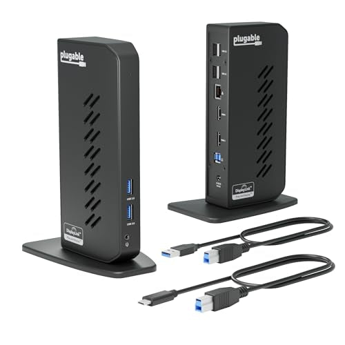 Plugable Dual 1080p HDMI Universal Docking Station for USB-C & USB 3.0 Laptop, 10 Ports, Windows/ChromeOS Plug & Play, macOS Driver Required (UD-3900Z) - size: 7.5" × 2.8" × 5.3