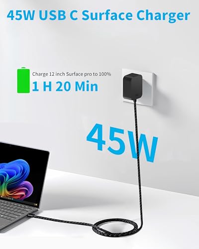 45W USB C Surface Charger Compatible with Microsoft Surface Pro 12" Copilot + PC, Surface Pro 13"，Surface Laptop 13" Snapdragon X Plus, Surface Go Power Adapter