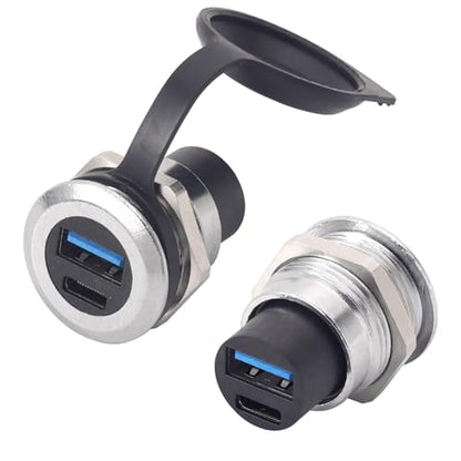 PENGLIN 2PCS Dual USB-C 3.1 & USB 3.0 Female to Female Bulkhead Socket | 10Gbps High Speed Data Transfer, 5V/1A Fast Charging, Panel Mount Thread Adapter, With Waterproof Cap - color: Silver&Black, size: 2PCS