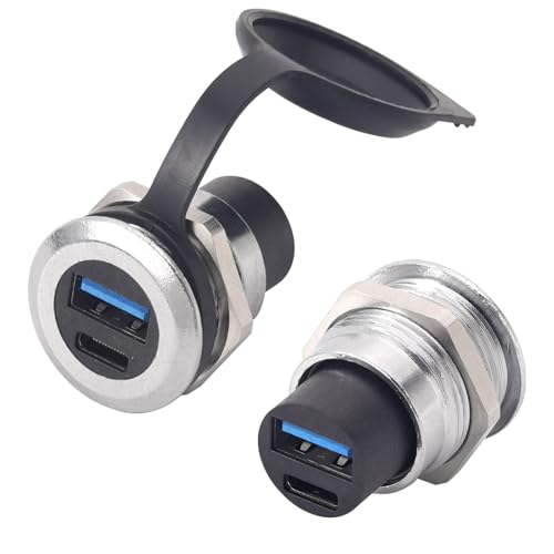 PENGLIN 2PCS Dual USB-C 3.1 & USB 3.0 Female to Female Bulkhead Socket | 10Gbps High Speed Data Transfer, 5V/1A Fast Charging, Panel Mount Thread Adapter, With Waterproof Cap - color: Silver&Black, size: 2PCS