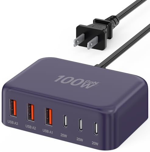 [2026 Updated] USB C Fast Charger, 100W GaN 6 Port Type C Charging Station Hub Block Cube, USB C Wall Charger Power Strip Adapter Plug for iPad iPhone 17 16 15 14 Pro Max Pixel Note Galaxy, 5ft Cord - color: D-Purple