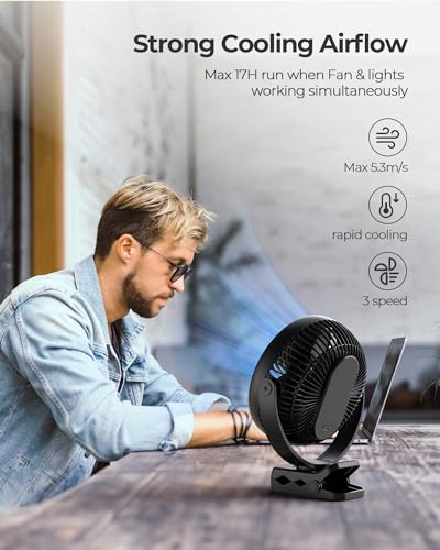 Xasla 10000mAh Portable Clip On Fan With Light, 8 in, Rechargeable Battery | 24H Long-last, Digital Display, 3 Speeds, 360° Rotate, Ideal USB Fan for Golf Cart, Outdoor Camping, Travel, Home, Office,Gym - color: Grey