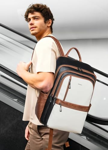 Leather 17 inch Laptop Backpack for Women, Large Travel Backpack Purse for Casual Daypack College Work Bag - color: Black With Brown and White