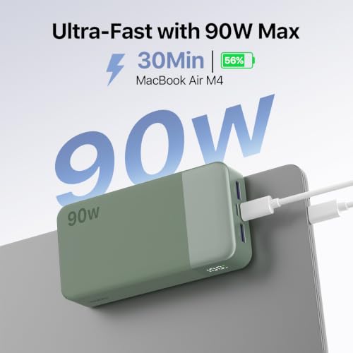 NOBIS Portable Charger 20000mAh 90W Laptop Power Bank | 2C+2A USB-C Fast Charging Battery Pack with LED Display for Laptops, Tablets, Steam Deck & Phones - color: Green