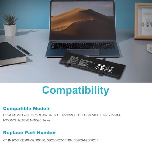 Futurebatt C31N1636 Laptop Battery for Asus VivoBook Pro 15 N580V N580VD N580VN N580GD NX580V NX580VD NX580GD X580V X580VD X580VN X580GD M580GD M580VD ZenBook Pro UX502VD N580VD-DM027T DM129T 47Wh - size: C31n1636 12.2 4.6 1.0 in