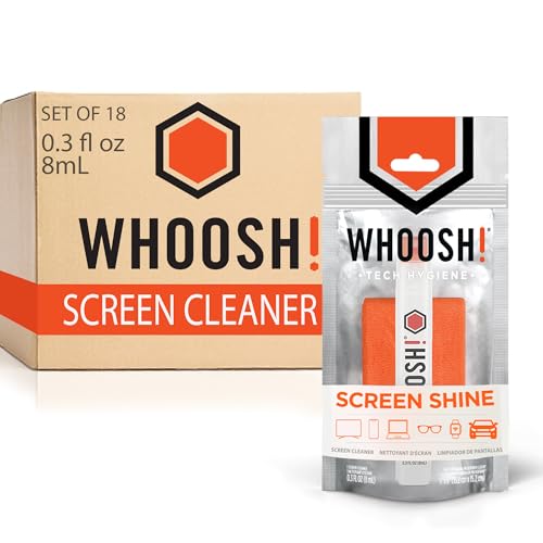 WHOOSH! Screen Shine Pocket 0.3 fl oz [Set of 18] Powerful Computer Screen Cleaner for Car, Laptop, Phone & Eyeglasses – Streak-Free Spray and Wipe, Sleek Leak-Free Bottle with Microfiber Cloth - size: 0.3 fl oz (Pack of 18)