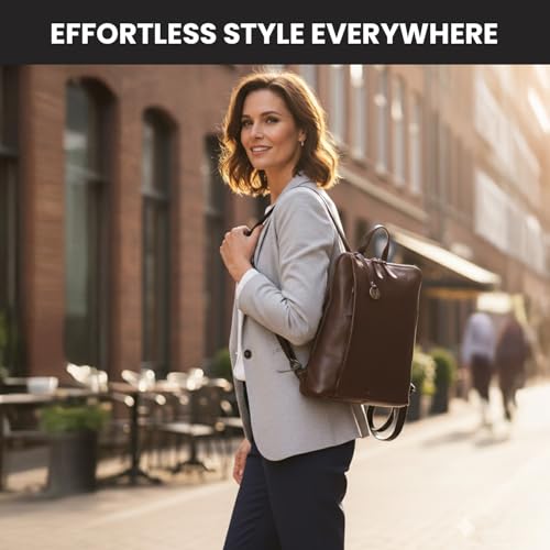 12.5 Inch Genuine Leather Backpack For Women & Men, Brown | Brown Leather Bookbag Purse With Adjustable Shoulder Strap, YKK Zipper & Mobile Pockets, Small Travel Bag, Unisex Bag - color: Brown