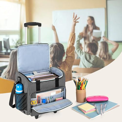 Trunab Rolling Teacher Bag, Teacher Tote Bag with Padded Sleeves | with Bottom Pad and Detachable Trolley, Wheeled Teacher Bag Holds up to 15.6” Laptop - color: Grey