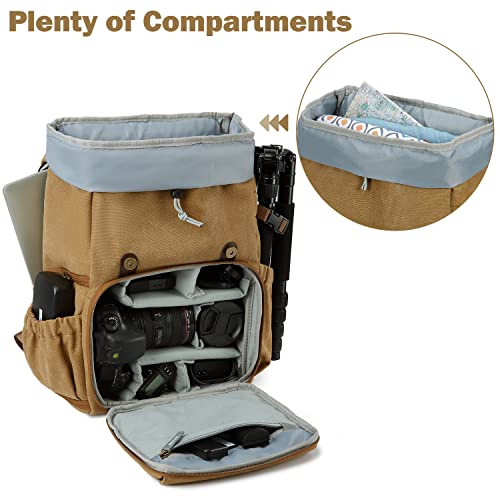 BAGSMART Camera Backpack, DSLR Camera Bag, Waterproof Camera Bag Backpack for Photographers, Fit up to 15" Laptop with Rain Cover and Tripod Holder, Khaki - color: G-khaki[double Buckle]