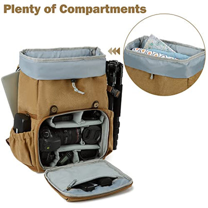 BAGSMART Camera Backpack, DSLR Camera Bag, Waterproof Camera Bag Backpack for Photographers, Fit up to 15" Laptop with Rain Cover and Tripod Holder, Khaki - color: G-khaki[double Buckle]