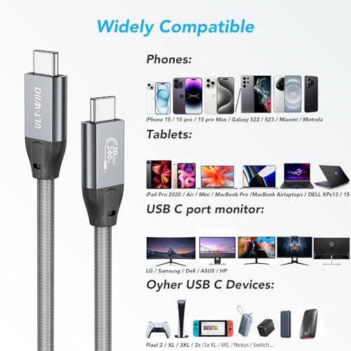 ULT-WIIQ 6.6FT USB C to USB C 3.2 Gen 2 x 2 Video Cable for Portable Monitor, 4K@144/120/60Hz 8K Display Cable, 20Gbps Data Transfer, PD 3.1 240W Fast Charging, for iPhone 17, MacBook, SSD, CarPlay - size: 6.6FT