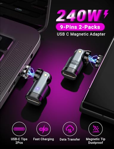 USB C Magnetic Adapter PD 240W(2Pack), 9PIN USB C 90 Degree Adapter/C Right Angle Adapters/360 &180 Degree C to C Adapters for 1Phone 17/16/15, Ma-Book Pro/1Pad Series, Samsung Galaxy, Tablet, Laptop - color: Black, size: 2 Pack