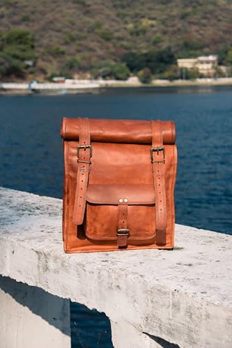 URBAN DEZIRE Men's Leather Vintage Roll On Laptop Backpack Rucksack knapsack college bag - size: 11"(L), 16"(Rolled) -(H)- 21"(Open), 4(W)