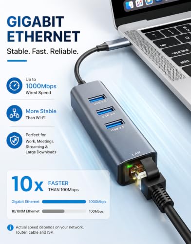 ABLEWE USB C to Gigabit Ethernet Adapter with 3 USB 3.0 Ports, 4-in-1 RJ45 Network Hub, Plug and Play USB-C LAN Adapter for MacBook Pro/Air, iPad Pro, iPhone 15/16, Chromebook, XPS, Surface - color: Grey