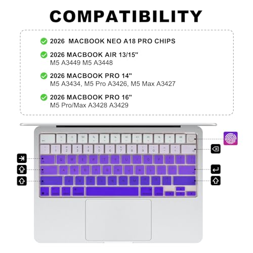 Allinside Keyboard Cover for 2026 MacBook Neo 13-inch A3404 (A18 Pro) & MacBook Air 13"/15" and MacBook Pro 14"/16" (M5 Chip), Premium Silicone Keyboard Protector Skin, US ANSI Layout, Ombre Purple - color: Ombre Purple