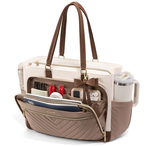 LOVEVOOK Laptop Tote Bag for Women, Work Bag Teacher Tote with Large Cup Holder, Quilted Nurse Diaper Bag for Travel, College Computer Women's handbags for Teacher gift, Khaki-beige-coffee, 15.6 Inch - color: Khaki-beige-coffee, size: 15.6 Inch