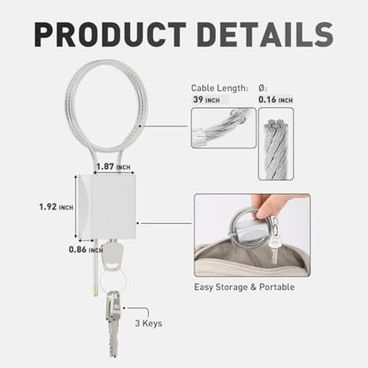 Cable Padlock Free Adjustable Lock 3 Keys, 3.28ft/1m Silver | Steel Cable 1/6"(4mm)Diameter, Lock & Secure, Weatherproof for Bikes, Lockers, Gate, Fence, Shed, Outdoor Equipment etc - color: Silver- 3.28ft(1m)