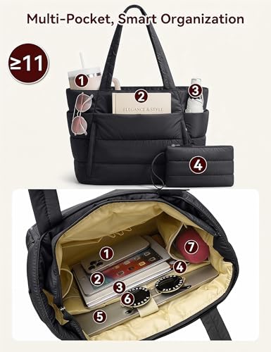 Puffer Tote Bag for Women, Nurse, Large Quilted Shoulder Bag with Cup Holder & Laptop Compartment for Work, Travel, Gym - color: Black