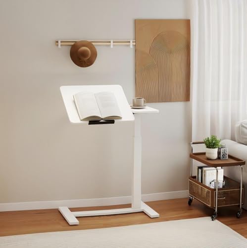 Haotian Overbed Table with Wheels, Adjustable Height Bedside Table with Tilting Desktop, Rolling Laptop Table with Side Shelf, Over Bed Table for Sofa, Bed, Home Office, White DJ-FWT002 - color: White