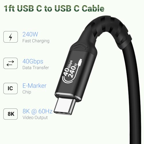 Short USB C TOC Cable(1FT, 2packs) 240W 40Gbps USB C Data Cable | 8K USB C video cable,5A fast charging Cord Compatible with Thunderbolt 4/3 Cable iPhone17 16/15,MacBook, XPS, Surface - size: 1ft,1ft, style: 240W/40Gbps/8K