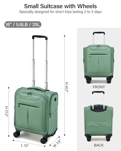 Hanke Underseat Carry On Luggage with Wheels, Lightweight Small Suitcase Airline Approved 16 Inch Softside Personal Item Travel Bag for Women Men, Compact Under Seat Luggage.(Forest Green) - color: Forest Green