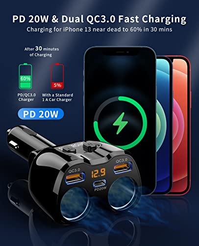 Cigarette Lighter Splitter, SUPERONE 180W 2-Socket Adapter with PD USB-C | Dual QC3.0 & 20W USB C Car Charger, 2026 Upgraded Cigarette Lighter Adapter for GPS/Dash Cam/Laptop/iPad/iPhone17/16/15/14/13 - color: Black