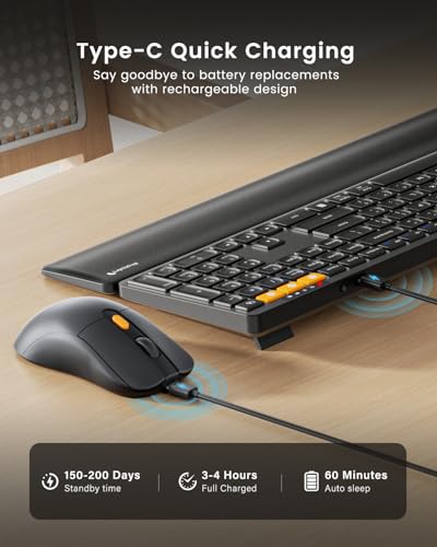 ProtoArc KM60 Wireless Ergonomic Keyboard Mouse Combo, Black | Full-size Keyboard with Wrist Rest, 63G Mouse, 3-Device Switching (Dual Bluetooth+2.4G), Type-C Charging, Quiet Keys